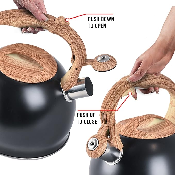 Emeril Lagasse 3.2 Quart/3 Liter Whistling Tea Kettle, Stainless Steel Whistling Tea Pot for Induction Stove Top, Fast to Boil Water for Home Kitchen Condo, with Wood Handle, Black