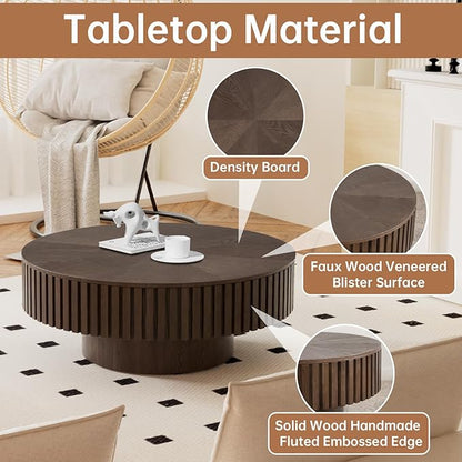 Round Coffee Table with Storage 31.4" Modern Brown Fluted Coffee Table Low Round Storage Drum Pedestal Coffee Tables for Living Room Farmhouse (Brown A 31.4in)