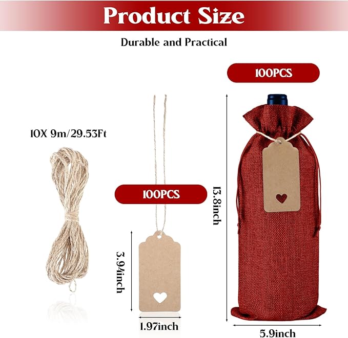 Windyun 100Pcs Burlap Wine Bags Drawstring Wine Bottle Gift Sacks with Tags 5.9 x 13.8 Inch Jute Burlap Plain Wine Bags for Wedding Birthday Blind Tastings Christmas Travel Party (Wine Red)