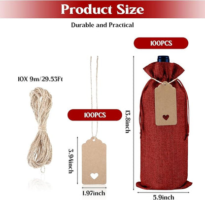 Windyun 100Pcs Burlap Wine Bags Drawstring Wine Bottle Gift Sacks with Tags 5.9 x 13.8 Inch Jute Burlap Plain Wine Bags for Wedding Birthday Blind Tastings Christmas Travel Party (Wine Red)