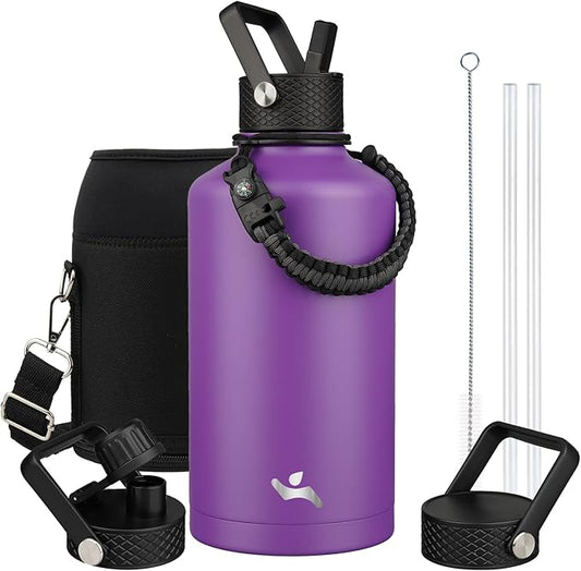 Insulated Water Bottle with Straw,87 oz 3 Lids Water Jug with Carrying Bag,Paracord Handle,Double Wall Vacuum Stainless Steel Metal Flask,Purple