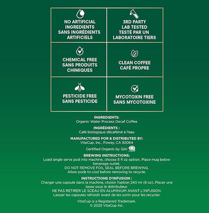 VitaCup Organic Perfect Dark Roast Decaf Coffee Pod for Pure & Clean Energy, Antioxidants, Low Acid, Peru Single Origin in Recyclable Single Serve Pod compatible w/Keurig K-Cup Brewers,16CT