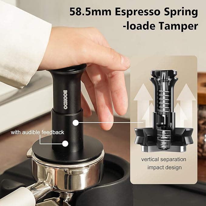 BOOKOO 3-in-1 Espresso Tamper 58.5mm Espresso Distribution Tool Magnetic Dosing Funnel with Spring Loaded Sound Feedback 304 Stainless Steel WDT Tool Espresso Stirrer Needle Coffee Tamper Set
