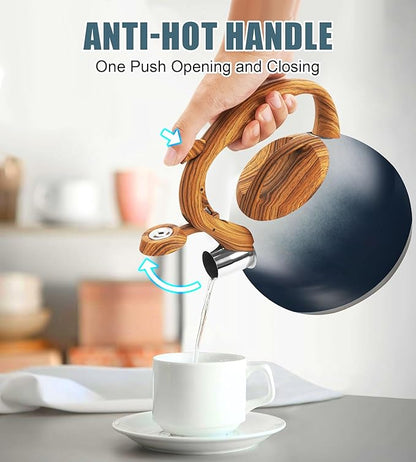 tea kettle stovetop, Loud Whistling kettle for Boiling Water Coffee or Milk, 3.2 Quart Heavy stainless steel tea kettle with Wood Pattern Handle, Gas Electric Applicable - Black & white