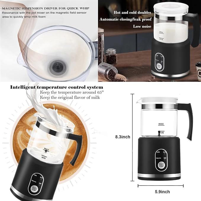Electric Milk Frother,4 in 1 -Automatic Milk Frother,14oz Silent Operation Hot and Cold Milk Foamer Temperature Control Milk Steamer Warmer for Coffee,Latte,Cappuccino,Hot Choc,Dishwasher Safe (Black)
