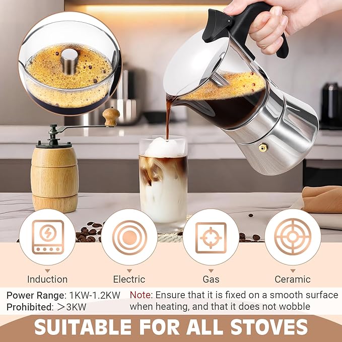 Induction Moka Pot, 6 Cups (10.6 oz) Crystal Glass-Top & Stainless Steel Moka Pot, Classic Stovetop Espresso Maker, Silver