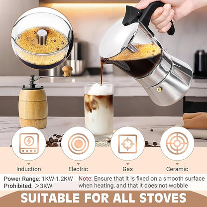 Induction Moka Pot, 6 Cups (10.6 oz) Crystal Glass-Top & Stainless Steel Moka Pot, Classic Stovetop Espresso Maker, Silver