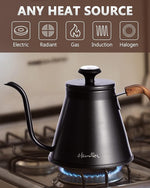 Load image into Gallery viewer, Harriet Gooseneck Kettle with Thermometer for Pour Over Coffee and Tea, 37 fl oz, Stainless Steel, Durable 3-Layer Base, Ideal Spout for Precision Pouring, Compatible with all Stove Tops, Black