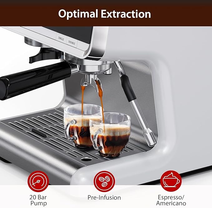 Semi-Automatic Espresso Machine - 1450W/20 Bar Professional Coffee Machine, 30 Grinder Settings, Fast Heating, Milk Frother Steam Wand, Home & Hotel Use, silver gray