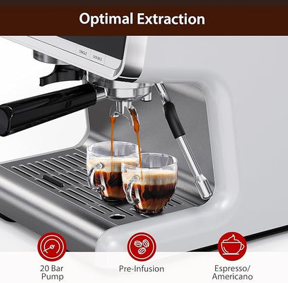 Semi-Automatic Espresso Machine - 1450W/20 Bar Professional Coffee Machine, 30 Grinder Settings, Fast Heating, Milk Frother Steam Wand, Home & Hotel Use, silver gray