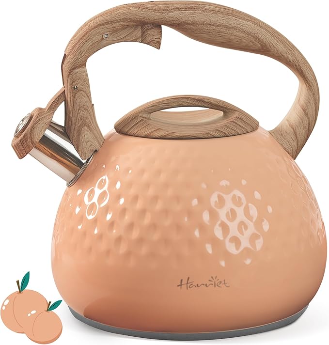 harriet Tea Kettle, Tea Pot for Stovetop, 2.5QT Whistling Kettle with 5-Layers bottom, Food Grade Stainless Steel Kettles with Hot-Resistant Handle Gas Electric Applicable, Peach