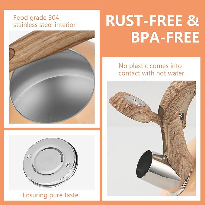 harriet Tea Kettle, Tea Pot for Stovetop, 2.5QT Whistling Kettle with 5-Layers bottom, Food Grade Stainless Steel Kettles with Hot-Resistant Handle Gas Electric Applicable, Peach