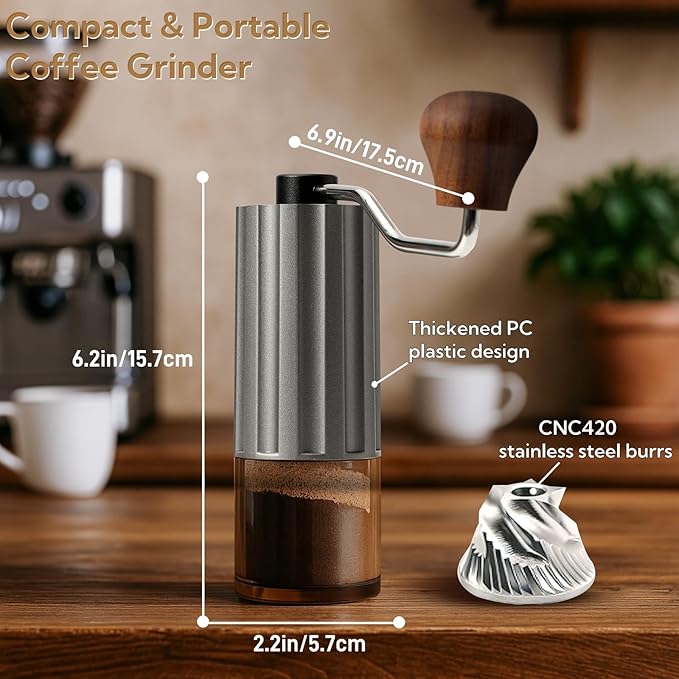 Portable Manual Coffee Grinder, Mini Coffee Grinder Capacity 25g with CNC Stainless Steel Burr, Internal Adjustable Setting, Fit for Espresso, Pour Over, Travel, Camping and Home