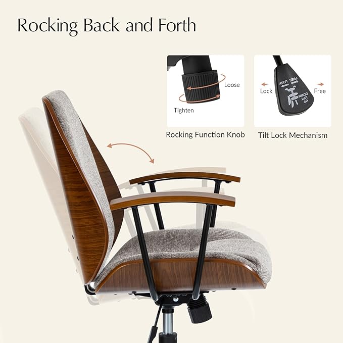 HULALA HOME Solid Wood Office Chair with Rocking Function, Comfy Fabric Desk Chair with Bent Wood and Metal Base, Height Adjustable Swivel Computer Task Chair, Tan