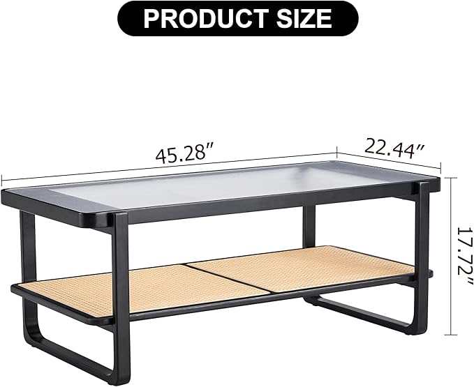Mid Century Modern Coffee Table with Ribbed Glass Top and PE Rattan Storage Shelf, 45 Inch Rectangular Solid Wood Boho Coffe Table, Unique Center Table for Livinig Room Apartment Small Space