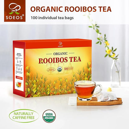 Soeos Organic Rooibos Tea, 100 Teabags, Naturally Caffeine Free, USDA and Non GMO Certify, Smooth and Robust Flavor, Excellent for Hot or Iced Brew, 9oz (250g)