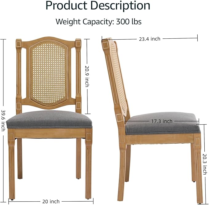 Vintage French Country Dining Chairs Set of 4, Grey Cane Back Rattan Dining Chairs with Linen Upholstered Seat, Solid Wood Legs, Farmhouse Kitchen & Dining Room, Sillas De Comedor (Gray, 4Pcs)