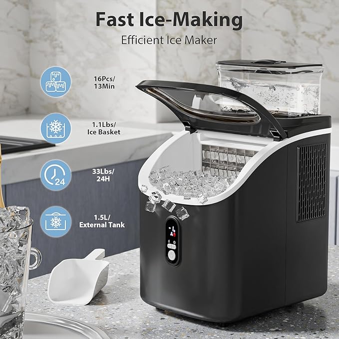 Countertop Ice Cube Maker Machine with External Water Tank,16Pcs/5Mins,34Lbs/Day,2 Ways to Add Water,Portable Compact Small Ice Maker with Auto-Cleaning,Perfect for Home/Kitchen/Camping/RV