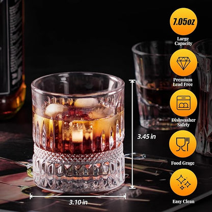 KAMMAK Whiskey Glass Set of 2, 7.05oz Old Fashioned wine Glass for Scotch, Cocktails, Rum, Vodka in Bar And Party Gifts for Men, Whisky Lovers, Wedding, Anniversary, Birthday