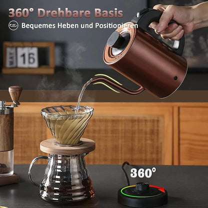 Gooseneck Electric Kettle 0.8L, 304 Stainless Steel (BPA-Free), 600W Fast Heating, Compact Copper Design with One-Touch Button & Auto Shut-Off, Perfect for Home, Office & Coffee/Tea Lovers