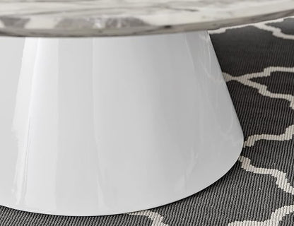 Coffee Table - Palma Round Coffee Table - Contemporary Minimalist Coffee Table with Tapered Central Pillar - White Marble-Effect Finish - Living Room Furniture