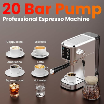 Espresso Machine 20 Bar,Touchscreen Espresso Maker with Steam Milk Frother, Stainless Steel Expresso Coffee Machine for Home with Removable Water Tank for Cappuccino Latte,Cold Brew,Long Coffee