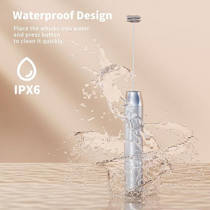 Maestri House Rechargeable Milk Frother with Stand, LunaFro Handheld Electric Foam Maker Waterproof Detachable Stainless Steel Whisk Drink Mixer Foamer for Lattes, Cappuccino