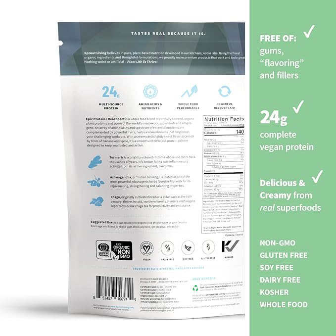 Sprout Living, Epic Protein, Plant Based Protein & Superfoods Powder, Real Sport | 24 Grams Organic Protein Powder, Recovery, Vegan, Non Dairy, Non-GMO, Gluten Free, Low Sugar (1 Pound, 12 Servings)