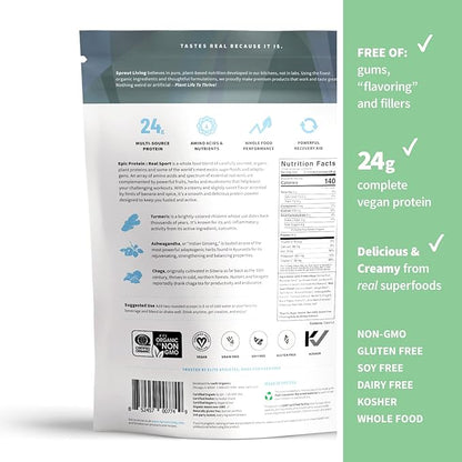 Sprout Living, Epic Protein, Plant Based Protein & Superfoods Powder, Real Sport | 24 Grams Organic Protein Powder, Recovery, Vegan, Non Dairy, Non-GMO, Gluten Free, Low Sugar (1 Pound, 12 Servings)