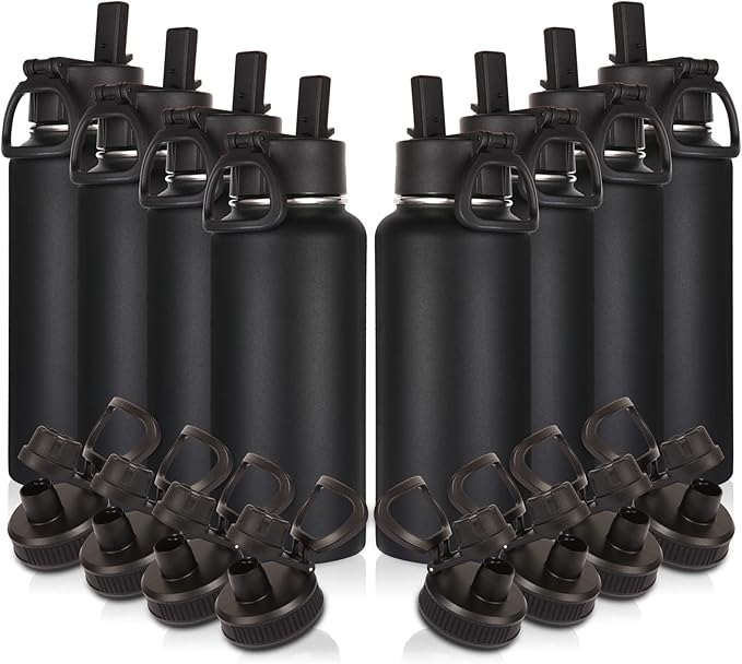 Volhoply 32oz Insulated Water Bottles Bulk 8 Pack with Straw Lid & Spout Lid,Stainless Steel Sports Water Bottle,Double Wall Vacuum Cups,Leakproof Wide Mouth Metal Flask for Hiking,Camping(Black,8)