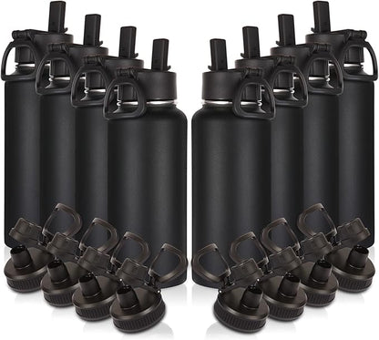 Volhoply 32oz Insulated Water Bottles Bulk 8 Pack with Straw Lid & Spout Lid,Stainless Steel Sports Water Bottle,Double Wall Vacuum Cups,Leakproof Wide Mouth Metal Flask for Hiking,Camping(Black,8)