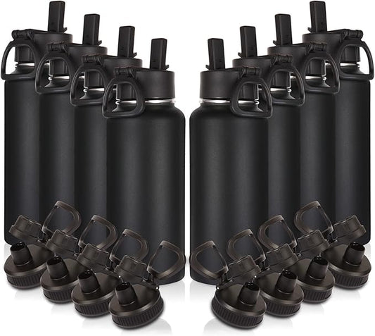 Volhoply 32oz Insulated Water Bottles Bulk 8 Pack with Straw Lid & Spout Lid,Stainless Steel Sports Water Bottle,Double Wall Vacuum Cups,Leakproof Wide Mouth Metal Flask for Hiking,Camping(Black,8)