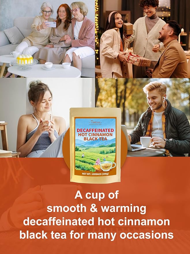 TeeLux Decaf Hot Cinnamon Black Tea, Decaffeinated Black Tea with Cinnamon, Clove, Spicy & Sweet Flavor, 100 Count