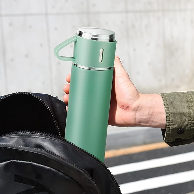 Stainless Steel Thermo 500ml/16.9oz Vacuum Insulated Bottle with Cup for Coffee Hot drink and Cold drink water flask.(Green,Single)