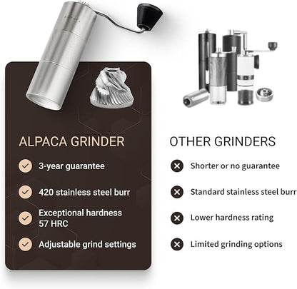Manual Coffee Grinder by Alpaca Ventures - Stainless Steel Conical Burr Coffee Grinder Manual with Adjustable Setting Double Bearing Hand Espresso Grinder Perfect for Home, Office and Camping