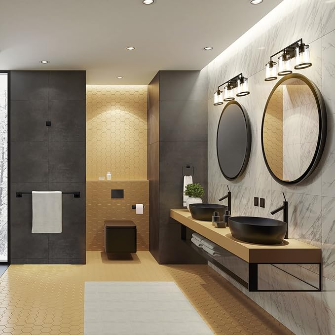 GLOBE Electric 52059 Harlow 5-Piece All-in-One Bathroom Set, Matte Black, 3-Light Vanity Light with Clear Glass Shades, Towel Bar, Toilet Paper Holder, Towel Ring, Robe Hook