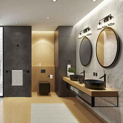 GLOBE Electric 52059 Harlow 5-Piece All-in-One Bathroom Set, Matte Black, 3-Light Vanity Light with Clear Glass Shades, Towel Bar, Toilet Paper Holder, Towel Ring, Robe Hook