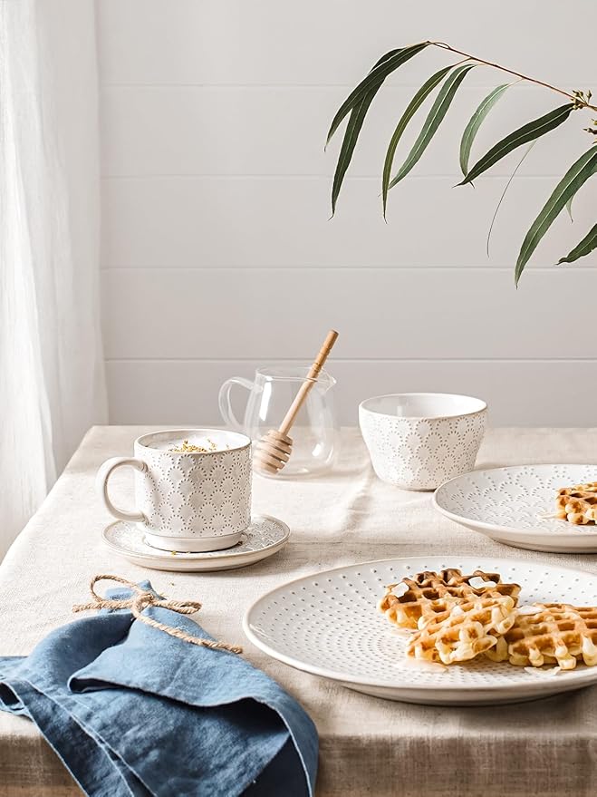 LE TAUCI Stackable Cappuccino Cups 8 oz with Saucers and Stand, Ceramic Large Latte Cup for Au Lait, Cafe, Mocha,Tea, Dishwasher Oven Safe - Set of 4, Arctic white