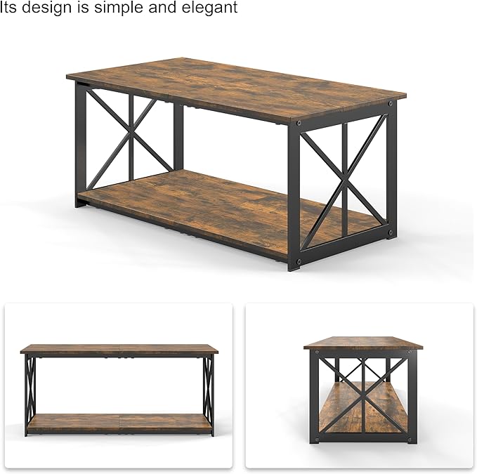 Rectangle Coffee Table for Living Room, Wood Rustic Coffee Table with 2 Tier and Metal Frame, Industrial Modern Center Table, Rustic Brown