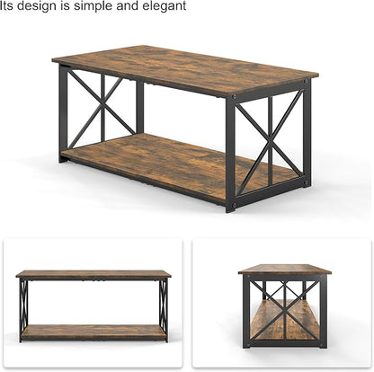 Rectangle Coffee Table for Living Room, Wood Rustic Coffee Table with 2 Tier and Metal Frame, Industrial Modern Center Table, Rustic Brown