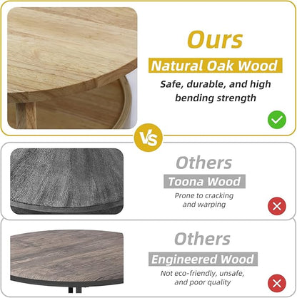 Round Coffee Table with Hidden Drawer - 20" D x 20" H Real Oak Wood Round Side Table with Storage, 2-Tier Round End Table for Sofa, Small Circle Coffee Table with Drawer for Living Room, Beige