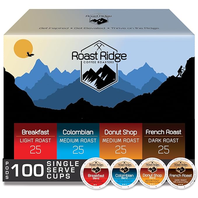 Roast Ridge Single Serve Coffee Pods for Keurig K-Cup Brewers, Variety Pack, Light Roast, Medium Roast, Dark Roast, 100 Count (25 each: Breakfast Blend, Donut Shop, French Roast, Colombian)