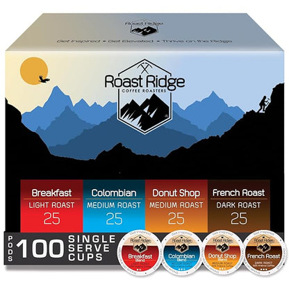 Roast Ridge Single Serve Coffee Pods for Keurig K-Cup Brewers, Variety Pack, Light Roast, Medium Roast, Dark Roast, 100 Count (25 each: Breakfast Blend, Donut Shop, French Roast, Colombian)