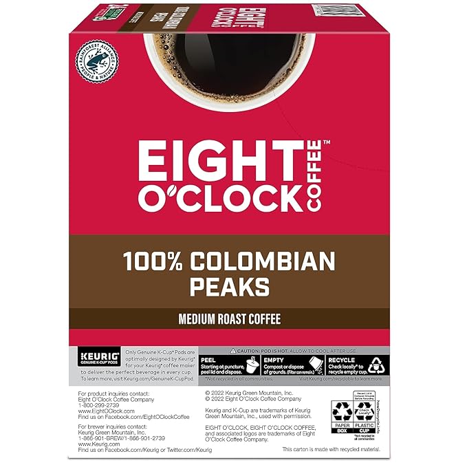 Eight O'Clock Coffee Colombian Peaks, Single-Serve Keurig K-Cup Pods, Medium Roast Coffee, 24 Count