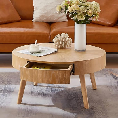 Round Wood Coffee Table for Living Room, Modern Farmhouse with Drawer, Solid Boho Circle Table with 4.5” Thick Tabletop, 31.5" L x 31.5" W x 15.87" H