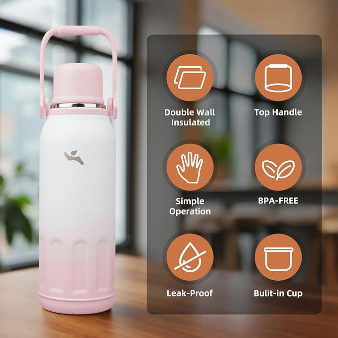 Insulated Water Bottle with Handle and Strap,Vacuum Travel Tumbler with Cup Lid,Thermo Coffee Cup for Hot Cold Drinks 50 OZ,Pink Pearl