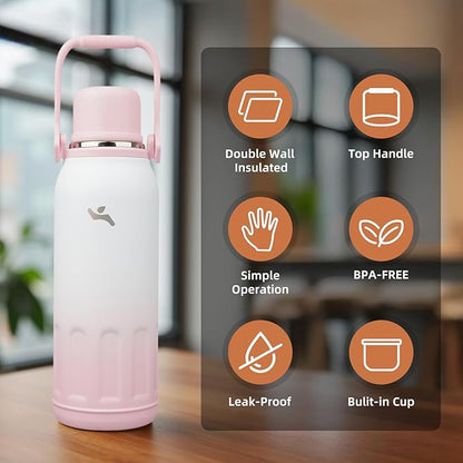 Insulated Water Bottle with Handle and Strap,Vacuum Travel Tumbler with Cup Lid,Thermo Coffee Cup for Hot Cold Drinks 50 OZ,Pink Pearl