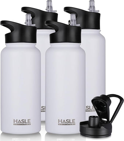 HASLE OUTFITTERS 32 oz Insulated Water Bottle Stainless Steel Double Walled Vacuum Sports Water Bottle with 2 Lids (Straw and Spout Lid) for Gym Camping Hiking(White,4)