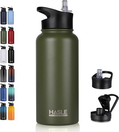 HASLE OUTFITTERS 32 oz Insulated Water Bottle Stainless Steel Double Walled Vacuum Sports Water Bottle with 2 Lids (Straw and Spout Lid) for Gym Camping Hiking（Army Green,1）