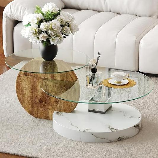 42 Inch Glass Coffee Table，Round Coffee Table with 2-Tier Tempered Glass Tabletop，Easy to Clean Circle Coffee Table with Sturdy Base for Living Room，Office （Brown & White Marble Colored Base）